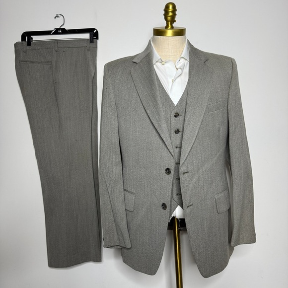 Walton Clothes Herringbone Suit 42R 34W 3 Piece Tailored Fit Brown Solid‎ Wool - Picture 1 of 16